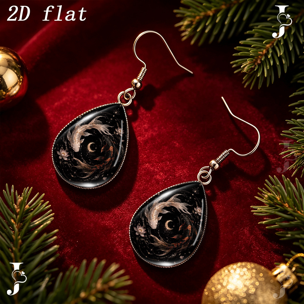 Teardrop Dangle Earrings with Koi Fish & Lotus Swirl Pattern